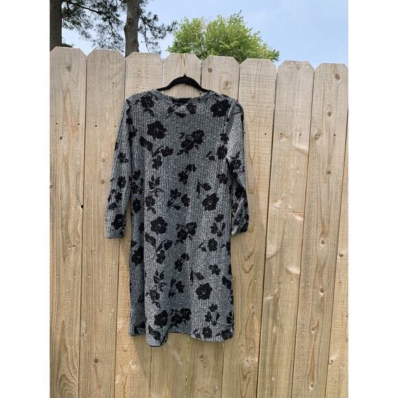 Apt. 9 Womens Sweater Dress grey Black Floral Ribbed Long Sleeve medium cottage - Picture 5 of 7